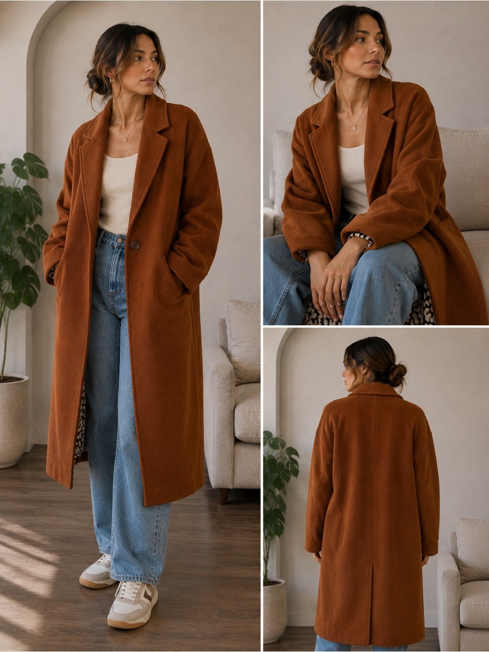 Skies Are Blue Long Single-Button Pea Coat in Rust Brown